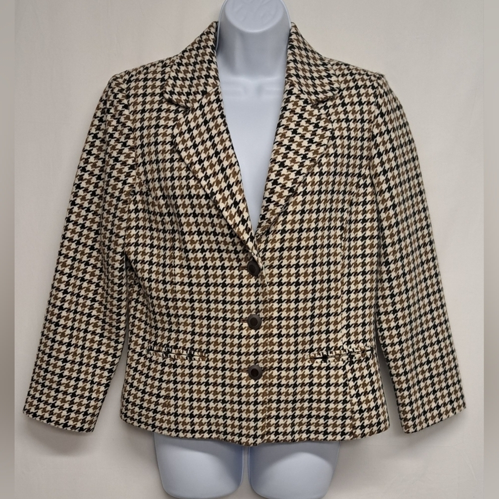 Mossimo L Houndstooth Suit Jacket Blazer Ivory Browns Long Sleeve Lined